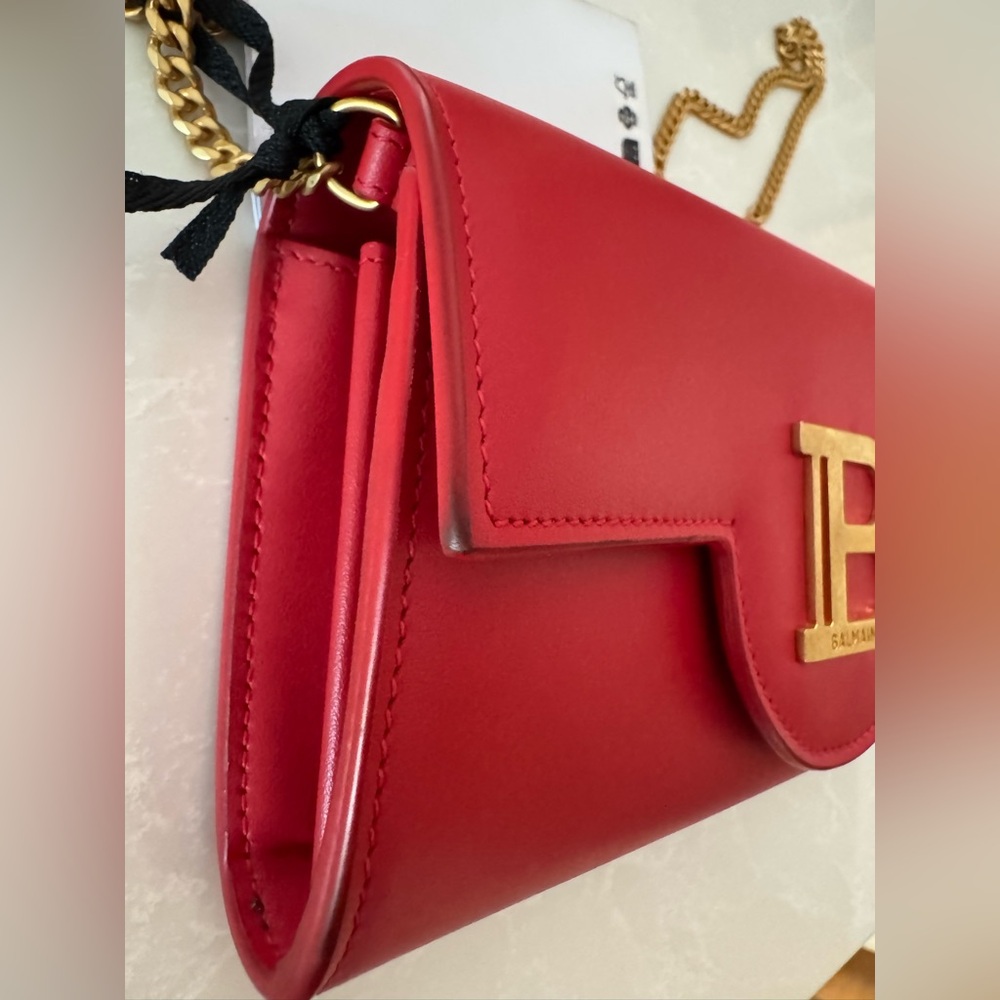 Balmain B-Buzz Leather Wallet-On-Chain Red/Rouge - Picture 9 of 11